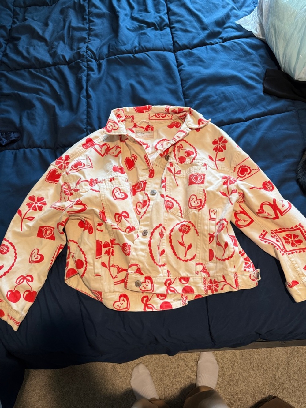 Free People Cream Jean Jacket with Red Heart & Floral Print